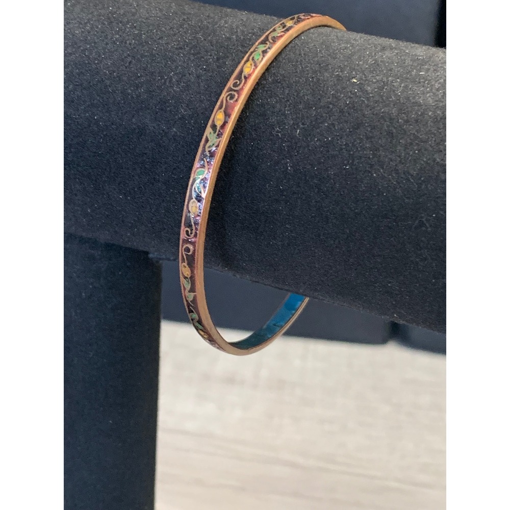 Vintage Cloisonne Enamel Floral Bangle Bracelet Copper Tone Turquoise Interior